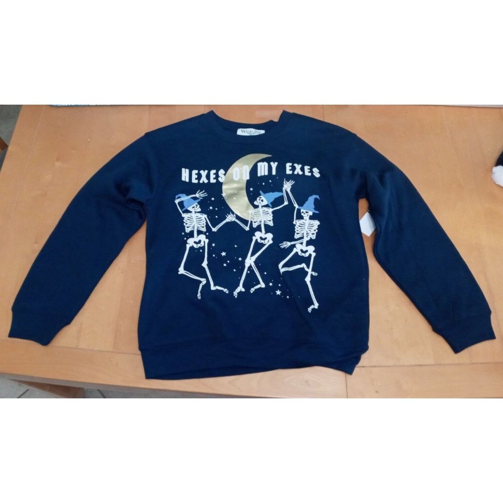 Wound Up Junior Hexes On My Exes Halloween Sweatshirt Navy Blue Sz XS 1 Youth